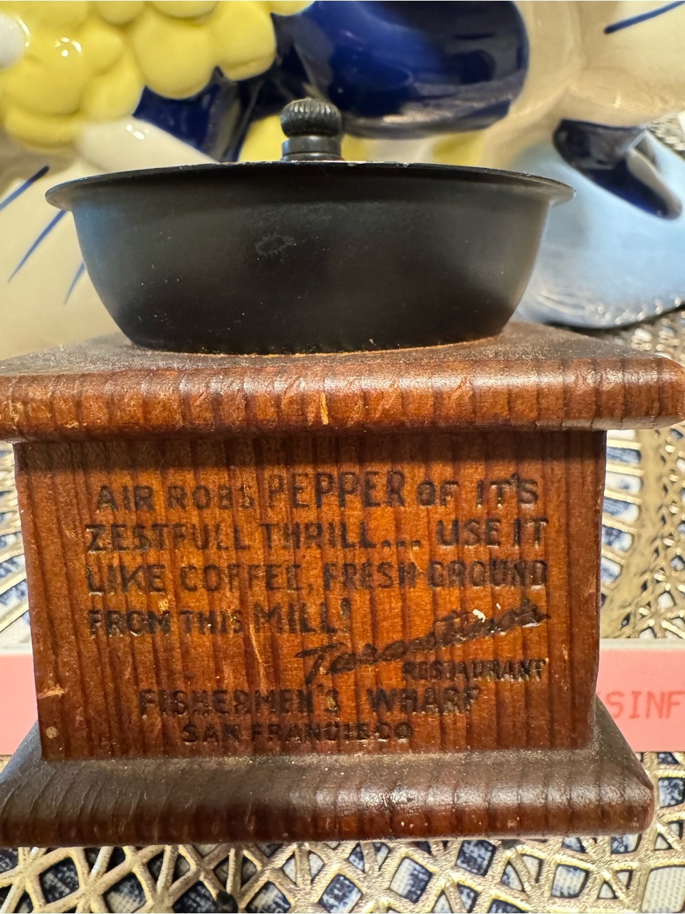 Vintage Small Wooden pepper or coffee Grinder with Cast Iron Bowl - Brown